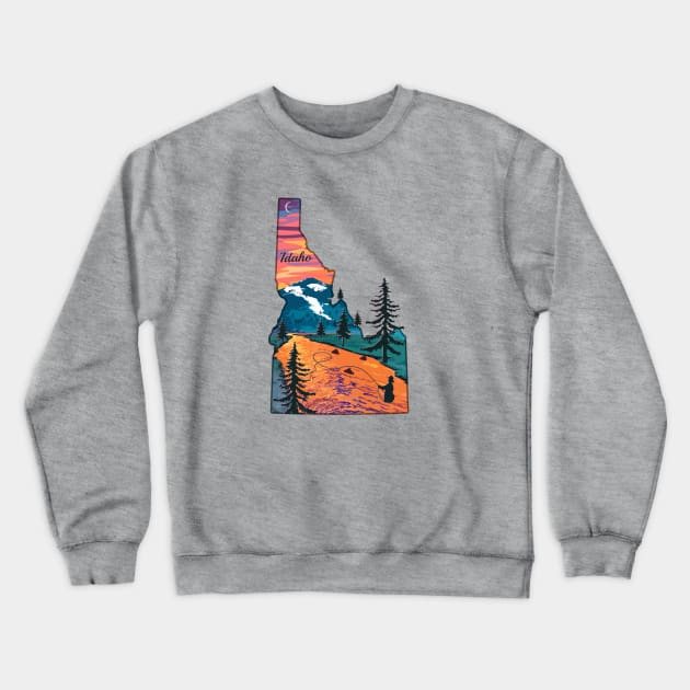 Fly Fishing Idaho State Map Mountain Sunset River Retro Crewneck Sweatshirt by TeeCreations